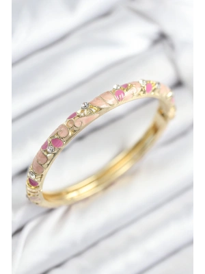 Mineli Pirinç Zirkon Taşlı Pembe Çiçek Motifli Gold Kadın Kelepçe