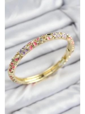 Mineli Pirinç Zirkon Taşlı Pembe Mor Çiçek Motifli Gold Kadın Kelepçe