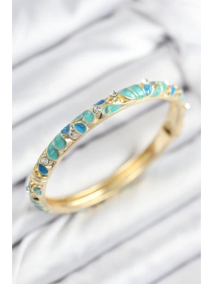 Mineli Pirinç Zirkon Taşlı Turkuaz Mavi Çiçek Motifli Gold Kadın Kelepçe