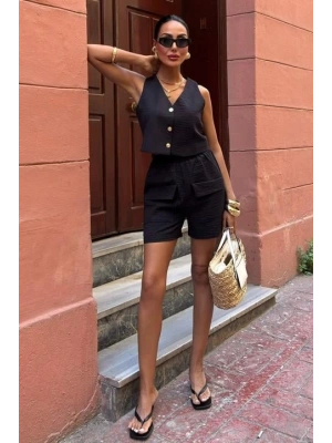 Mini Yelekli Şortlu Keten Takım 10176-08