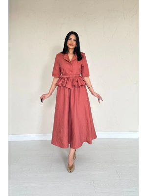 Moccah İnce Kemerli Fırfırlı Ceket Ve Büzgülü Etek Takım