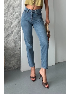Mom fit kar yıkama bıyık detaylı jeans pantolon d2006