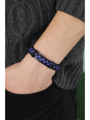 Mor Renk Damalı Deri Erkek Bileklik