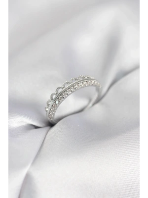 Motif Desenli Gümüş Renk Zirkon Taşlı Kadın Yüzük