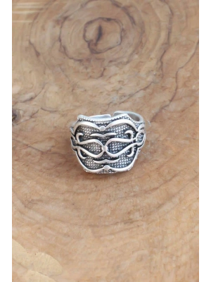 Motifli Gümüş Renk Ayarlanabilir Erkek Yüzük