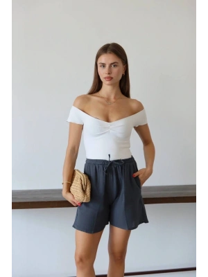 Müslin kumaş şort bağcıklı antrasit pt