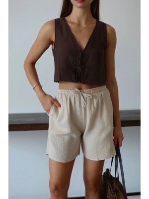 Müslin kumaş şort bağcıklı bej pt