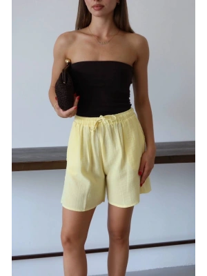 Müslin kumaş şort bağcıklı sarı pt