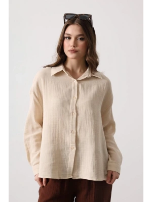Müslin Uzun Kol Gömlek - Bej