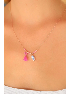 Nazar Boncuklu Pembe Renk Taşlı Rose Bayan Kolye