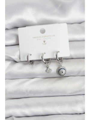 Nazar Model Gümüş Renk Pirinç 3lü Kadın Küpe Seti