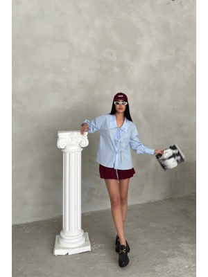 OKUL YAKA POPLİN GÖMLEK İP BAĞLAMA DETAYLI - Bebe Mavi