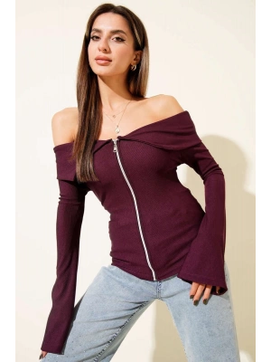 Omzu Açık Fermuarlı Bluz Mürdüm T4330