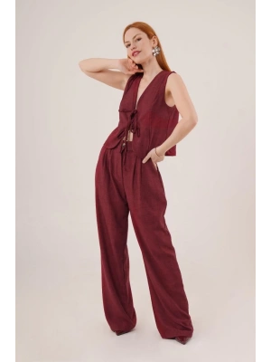 Ön Bağlama Detaylı Yelek Ve Pantolon Bordo İkili Takım