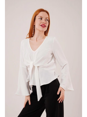 Ön Bağlamalı Volan Kol Beyaz Bluz