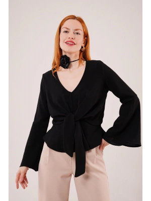 Ön Bağlamalı Volan Kol Siyah Bluz