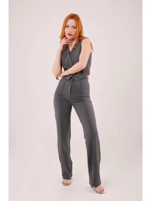 Ön Dikiş Detaylı Tek Düğme Gri Pantolon