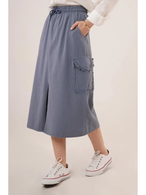 Ön Yırtmaçlı Cep Detaylı İndigo Etek