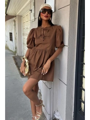 Önü Fiyonk Bağlamalı Ve Balon Kollu Elbise 2893