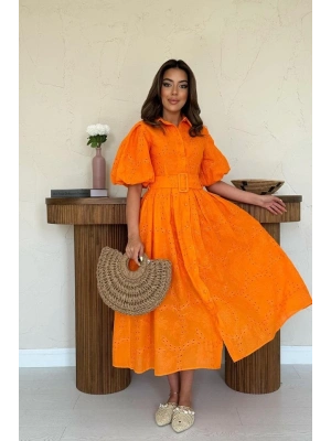 Oranj Pileli Balkon Elbise
