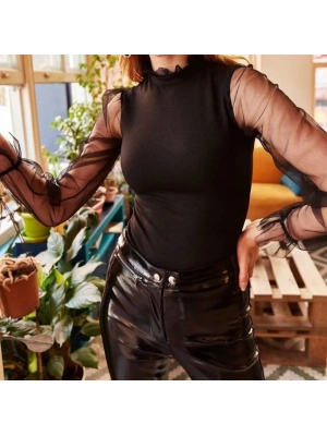 Kadın Kolları Tül Detaylı örme Krep Kumaş Bluz