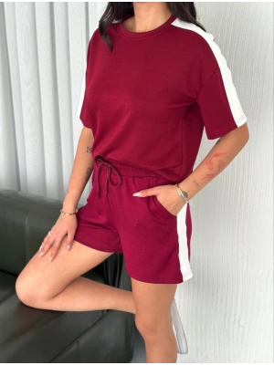 Osy Modal Yumuşak Dokulu Kumaş Parçalı Bisiklet Yaka T-shirt Kısa Şort İkili Takım -  Bordo