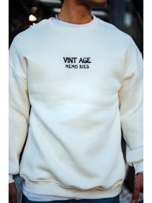 Oversize Bisiklet Yaka Üç İplik Baskılı SweatShirt - Beyaz