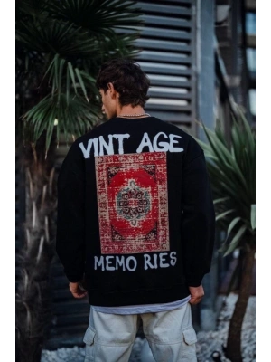 Oversize Bisiklet Yaka Üç İplik Baskılı SweatShirt - Siyah