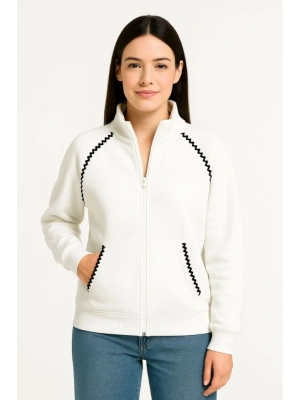 Oversize Dik Yaka Fermuarlı Sweatshirt - Zincir Nakışli Kanguru Cepli, - Beyaz