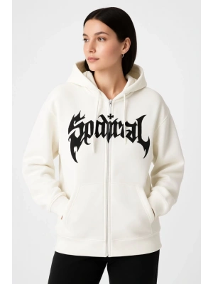Oversize Kapüşonlu Sweatshirt Hoodie 3 İplik Şardonlu Pamuklu Kumaş, Önü Baskılı, Fermuarlı Rahat Kalıp, Kışlık Ve Sokak Stili Sweat - Beyaz