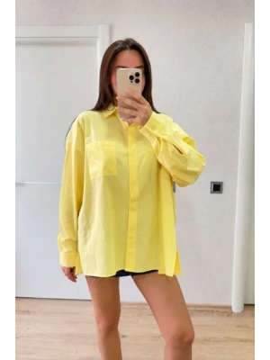 Oversize Pens Detaylı Cepli Yırtmaçlı Rahat Kalıp Poplin Gömlek - Sarı