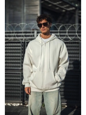 Oversize Tam Fermuarlı Uzun Kol Hırka - Beyaz