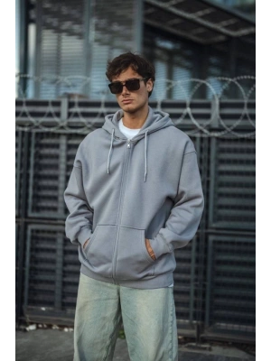 Oversize Tam Fermuarlı Uzun Kol Hırka - Gri