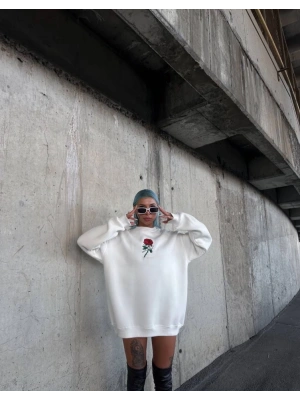 Oversize Üç İplik Bisiklet Yaka Baskılı SweatShirt - Beyaz