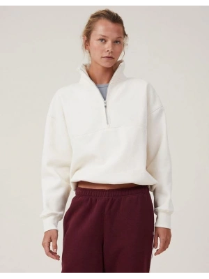 Oversize Yarım Farmuarlı Yakalı Basic SweatShirt - Beyaz