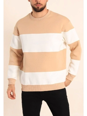 Parçalı Bisiklet Yaka Baskılı SweatShirt - Bej