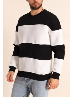 Parçalı Bisiklet Yaka Baskılı SweatShirt - Siyah