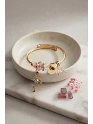 Pembe Flamingo Model Gold Renk Charmlı Bileklik