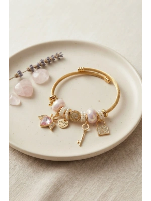 Pembe Kalp Model Gold Renk Charmlı Bileklik