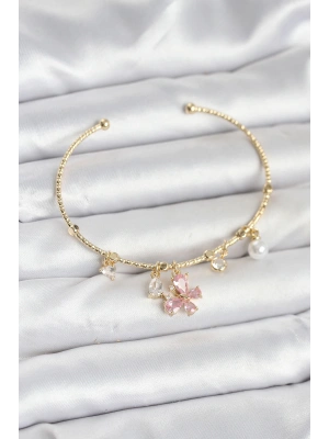 Pembe Kelebek Charmlı Gold Renk Kadın Bileklik