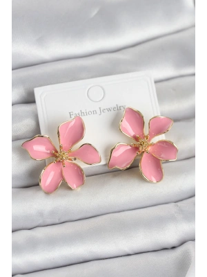 Pembe Mineli Çiçek Model Pirinç Kadın Küpe