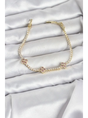 Pembe Yonca Detaylı Zirkon Taşlı Gold Renk Pirinç Su Yolu Kadın Bileklik