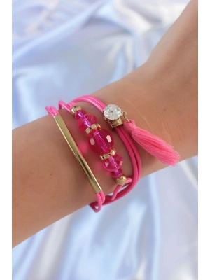 Pembe Zirkon Taşlı İpli Püskül Detay Çoklu Bileklik