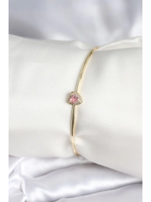 Pembe Zirkon Taşlı Kalp Model Gold Renk Kadın Bileklik
