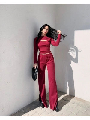 Pencereli detaylı alt üst takım bordo w3864