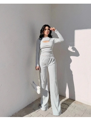 Pencereli detaylı alt üst takım gri w3864