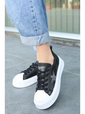 Piata Siyah Cilt Beyaz Tabanlı Bağcıklı Spor Ayakkabı