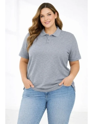 Pike Kumaş Düğmeli Yaka Battal Büyük Beden Günlük Kısa Kol Tişört T-shirt - Gri