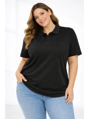 Pike Kumaş Düğmeli Yaka Battal Büyük Beden Günlük Kısa Kol Tişört T-shirt - Siyah