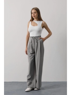 Pileli Bağcıklı Oversize Pantolon - Gri